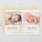 Faire-part Yellow Simple Twins Photo Naissance (Devant / Derrière)