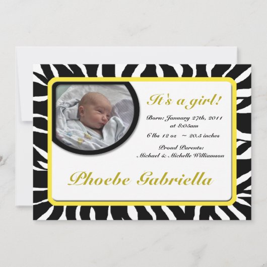 Faire-part Zebra Print Yellow Birth Annonces (Devant)