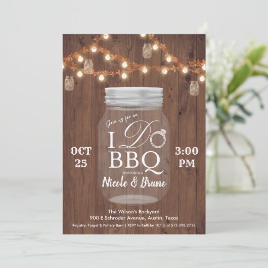 Fairepart de barbeque rustique 'I DO' dans un pot (Debout devant)