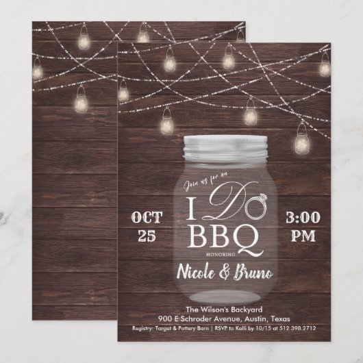 Fairepart de barbeque rustique 'I DO' en pot Mason (Devant / Derrière)
