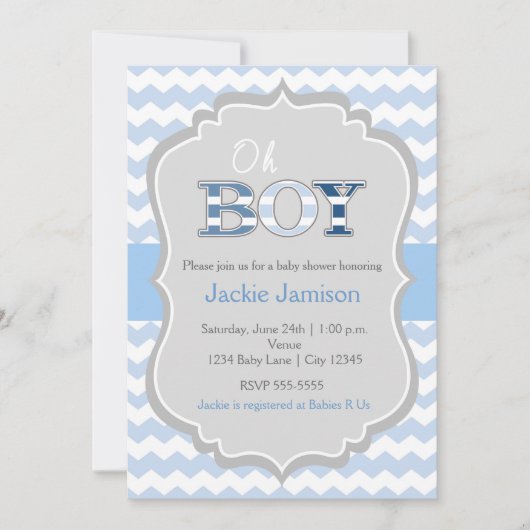 Fairepart de Bébé Garçon Bleu Gris Chevron (Devant)
