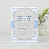 Fairepart de Bébé Garçon Bleu Gris Chevron (Debout devant)