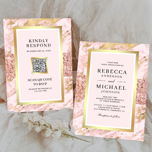 Fairepart de mariage à code QR en marbre rose gold