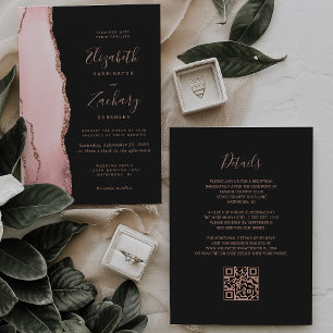 Fairepart de mariage à code QR Rose Gold Agate fon