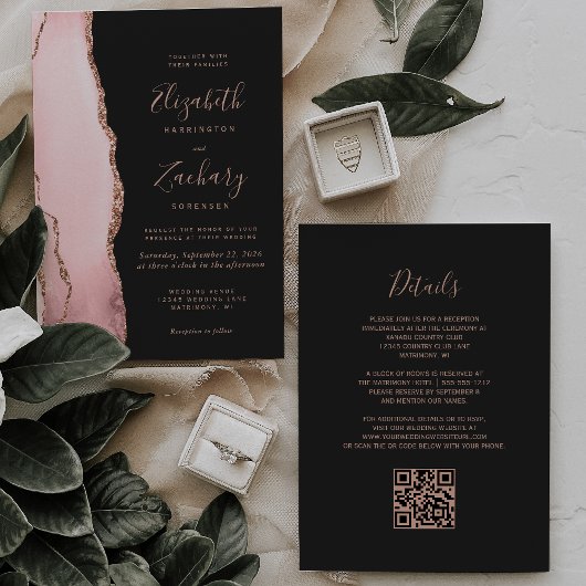 Fairepart de mariage à code QR Rose Gold Agate fon