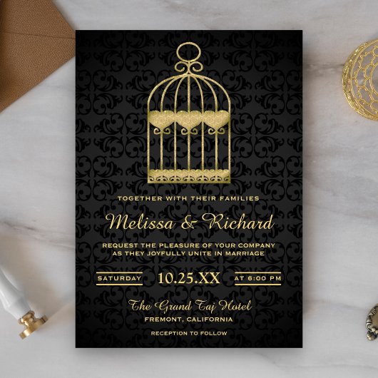 Fairepart de mariage cage à oiseaux dorée Shabby C