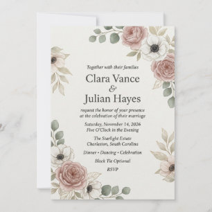 Fairepart de mariage élégant Rose Rouge et Anémone