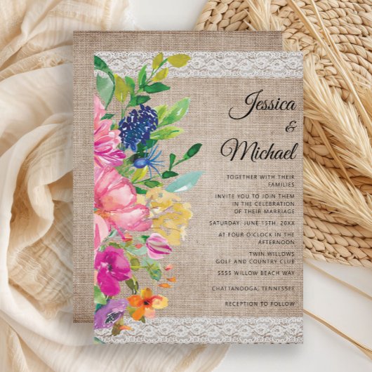 Fairepart de mariage Floral Rustique Toile de Jute