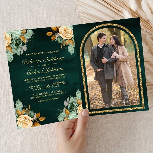 Fairepart de mariage photo Code QR Or Fleur Crème