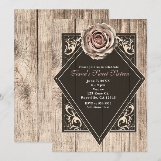 Fairepart Diamant Bois Clair Élégant Rose Rustique (Devant / Derrière)