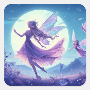 Fairies dansen in een maanverlichte weide. vierkante sticker