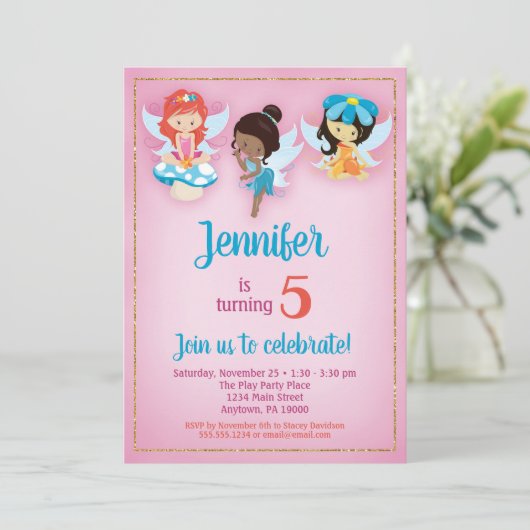 Fairies Ethnic Girls Birthday Uitnodiging (Staand voorkant)