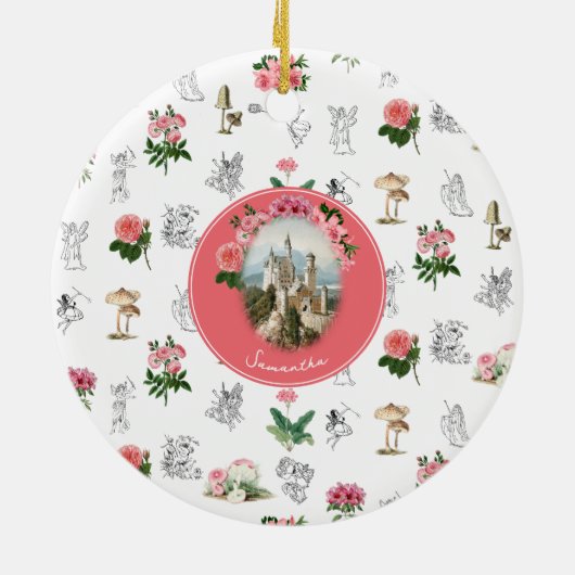 Fairies Roze Bloemen Mushroom Fairy Kasteel Monogr Keramisch Ornament (Achterkant)