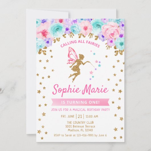 Fairy 1st Birthday - Goud Blauwgroen Paarse Roze Kaart (Voorkant)