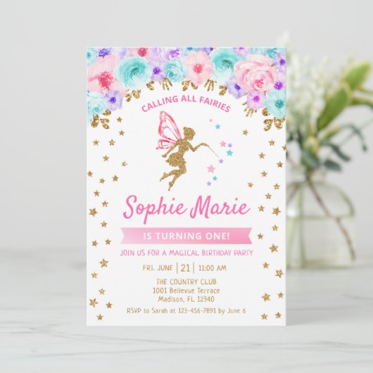 Fairy 1st Birthday - Goud Blauwgroen Paarse Roze Kaart (Staand voorkant)