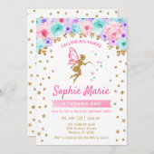 Fairy 1st Birthday - Goud Blauwgroen Paarse Roze Kaart (Voorkant / Achterkant)