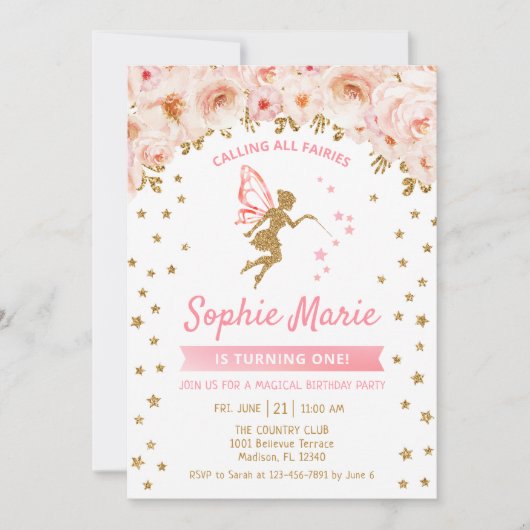 Fairy 1st Birthday - Goud Roze Kaart (Voorkant)