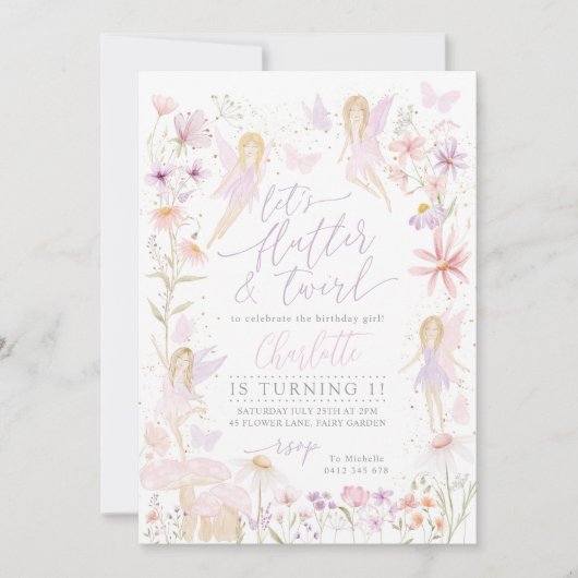 Fairy 1st Birthday Party Flutter and Twirl Kaart (Voorkant)