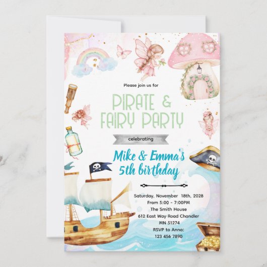 Fairy and Pirate birthday party invitation (Devant)