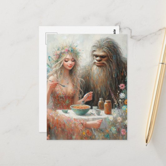 Fairy and Sasquatch Spaghetti Picnic Briefkaart (Voorkant / Achterkant in situ)
