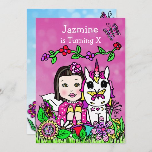 Fairy and Unicorn Birthday Invite Kaart (Voorkant / Achterkant)