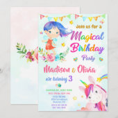 Fairy and Unicorn invitation anniversaire deux fil (Devant / Derrière)