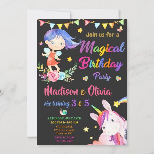 Fairy and Unicorn invitation anniversaire deux fil (Devant)