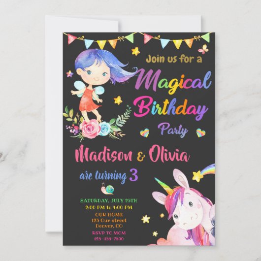 Fairy and Unicorn invitation anniversaire deux fil (Devant)