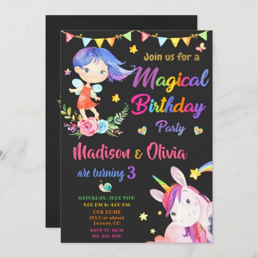 Fairy and Unicorn invitation anniversaire deux fil (Devant / Derrière)