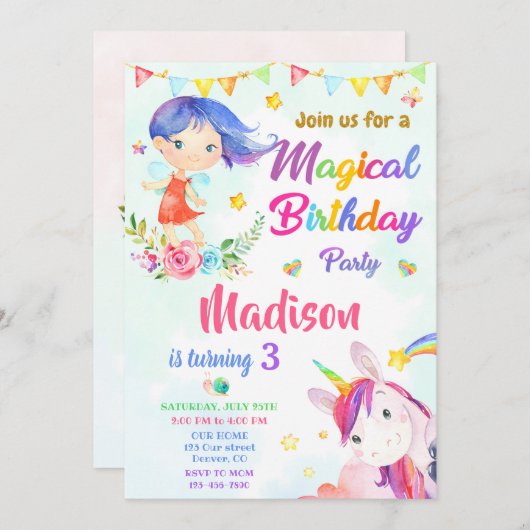 Fairy and Unicorn verjaardagsuitnodiging Magic par Kaart (Voorkant / Achterkant)