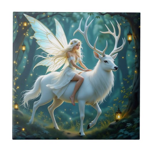 Fairy and White Deer Magical Forest Tegeltje (Voorkant)