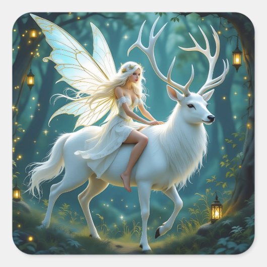 Fairy and White Deer Magical Forest Vierkante Sticker (Voorkant)