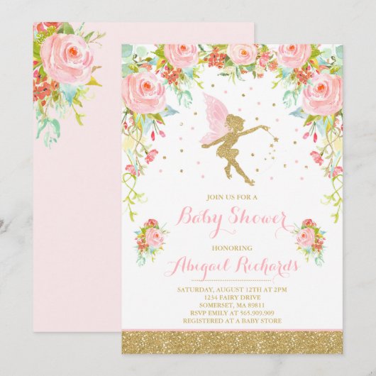 Fairy Baby shower Invitation Floral Fairy Shower Kaart (Voorkant / Achterkant)