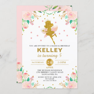 Fairy Birthday Invitation Pink Floral Girl Party Kaart