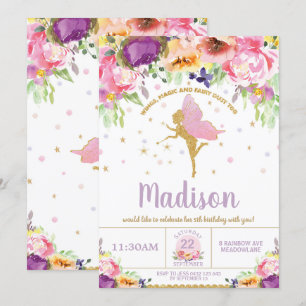 Fairy Birthday Invitations Paarse Floral Whimsical Kaart