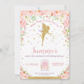 Fairy Birthday Invitations Pink Floral Whimsical Kaart (Voorkant)
