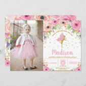 Fairy Birthday Invitations Whimsical Pink Floral Kaart (Voorkant / Achterkant)