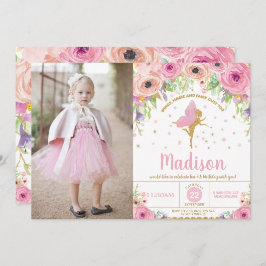 Fairy Birthday Invitations Whimsical Pink Floral Kaart (Voorkant / Achterkant)