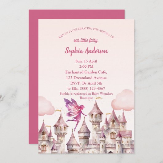 Fairy Castle Girl Baby shower Invitation Card (Devant / Derrière)