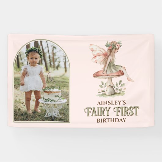 Fairy eerste gepersonaliseerde foto roze 1e verjaa spandoek (Horizontaal)