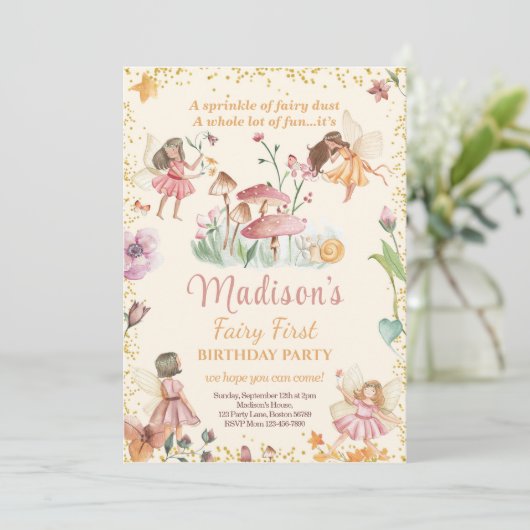 Fairy Eerste Verjaardag Uitnodiging Fairy Uitnodig (Staand voorkant)