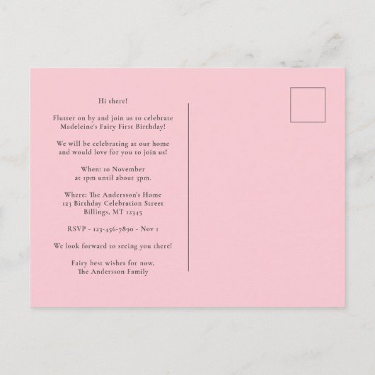 Fairy Eerste Verjaardagsfeestuitnodiging Briefkaar Uitnodiging Briefkaart (Achterkant)