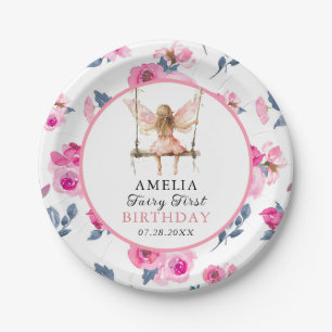 Fairy Eerste Waterverf Bloemen Meisjes 1e Verjaard Papieren Bordje