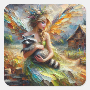 Fairy en haar Pet Raccoon Vierkante Sticker