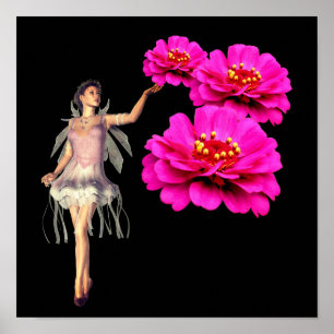 Fairy En Roze Zinnias Bloem Fantasy Kunst Poster