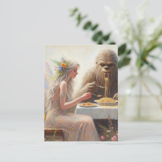 Fairy en Sasquatch eten spaghetti Briefkaart (Staand voorkant)