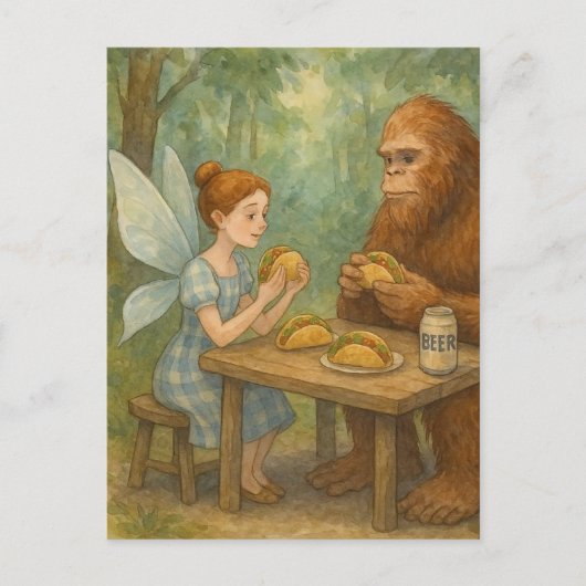 Fairy en Sasquatch eten taco's Fantasy Art Briefkaart (Voorkant)