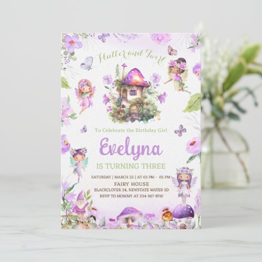 Fairy Feffervescence Twirly Purple Invitation Anni (Debout devant)