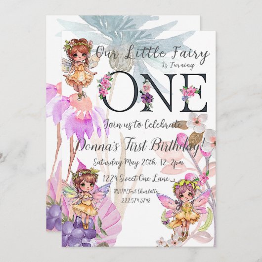 Fairy First Birthday Invitation (Devant / Derrière)