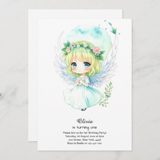 Fairy First Birthday Invitation (Devant / Derrière)